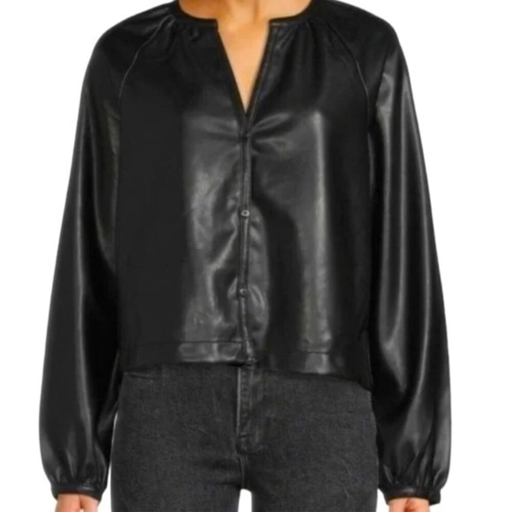 Avec Les Filles black faux leather V-neck button down shirt. XL